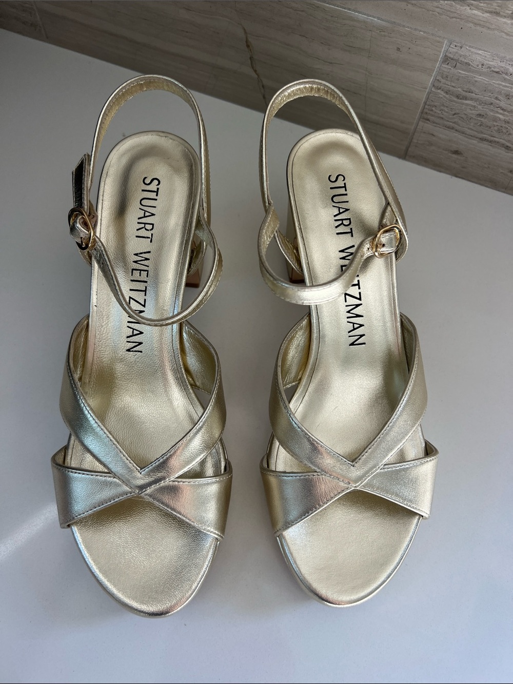 Stuart Weitzman carmen midi platform open toe sandals light gold liquid metallic - Picture 4 of 11